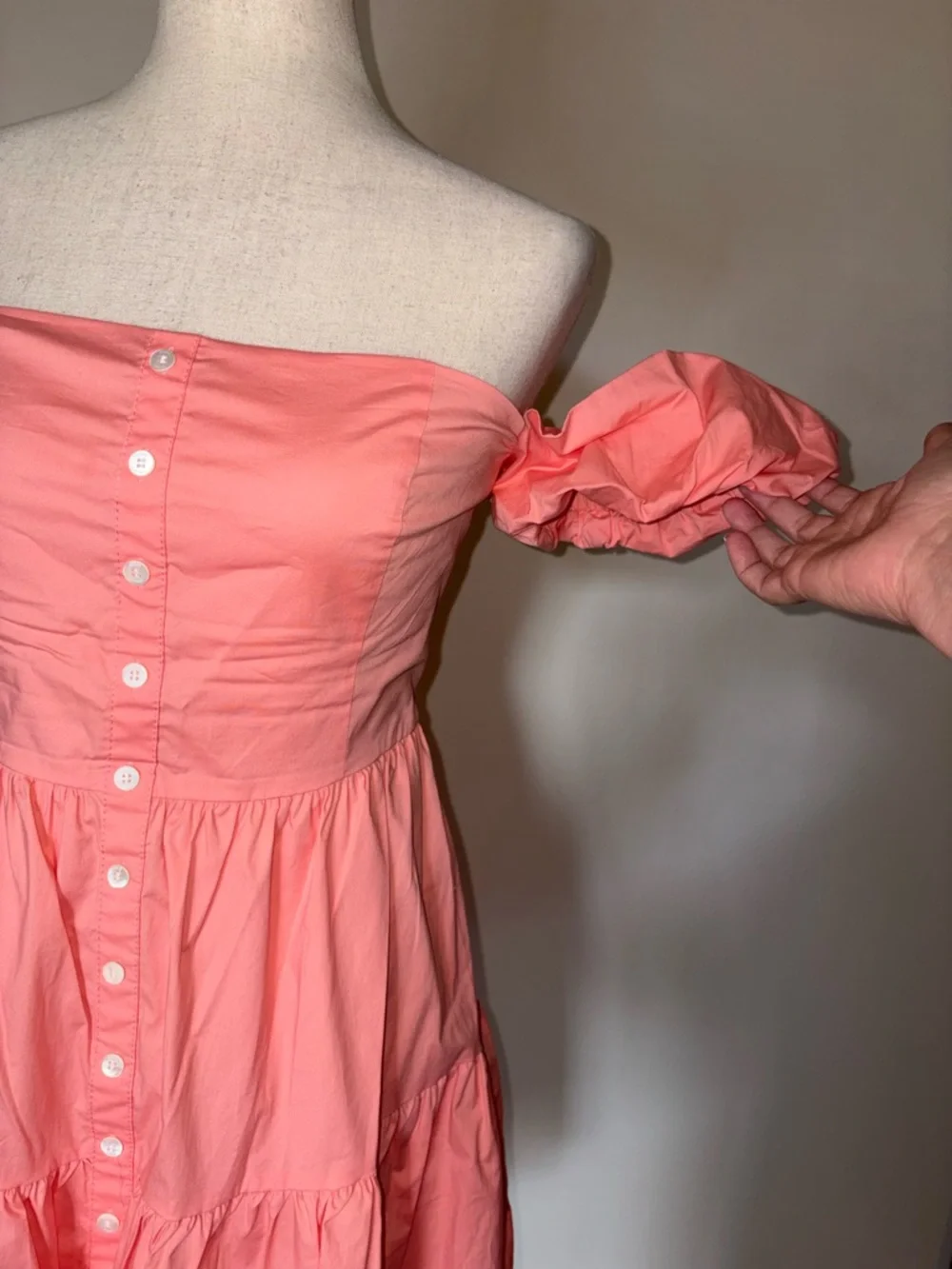 STAUD Elio Off-Shoulder Button Front Mini Dress in Pink Grapefruit Size 12 - Picture 4 of 9